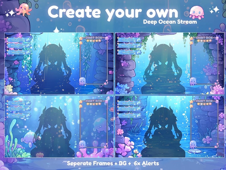 May include: Digital art featuring a deep ocean stream theme with a silhouette of a character. The image includes chat boxes, underwater elements, and the text "Create your own Deep Ocean Stream." The design incorporates various frames and alerts.