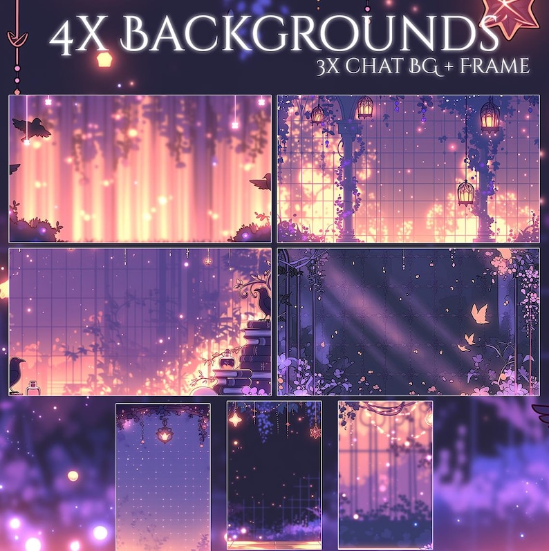 Puede incluir: Gr&aacute;fico de arte digital con m&uacute;ltiples dise&ntilde;os de fondo de fantas&iacute;a. Los fondos incluyen escenas de bosque, luces brillantes y elementos decorativos. El texto en la parte superior dice "4X BACKGROUNDS" y "3X CHAT BG+ FRAME".