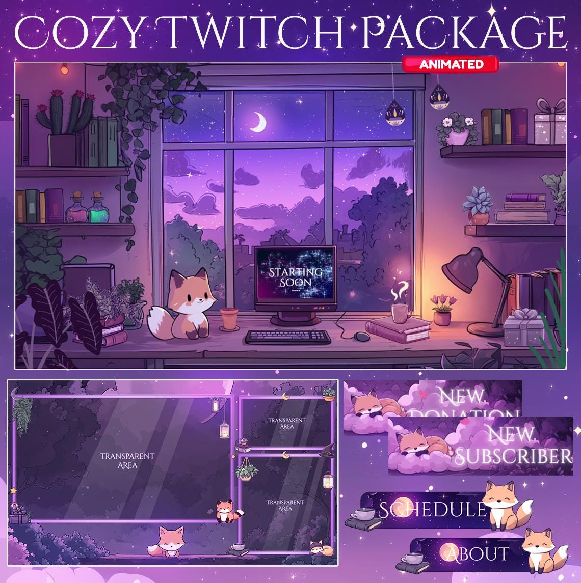 Fox Magic Night Twitch Overlay, Twitch screen | Animated Overlay Stream Package, Fox Twitch | Cute Twitch Overlay | Aesthetic | star overlay