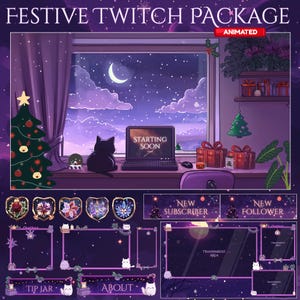 Pakiet nakładek świątecznych dla kotów | Ekran Twitch | Pakiet nakładek animowanych do transmisji strumieniowej Cat Twitch | Uroczy nakładek Twitch | Vtuber | Gwiazda | Święta | Śnieg