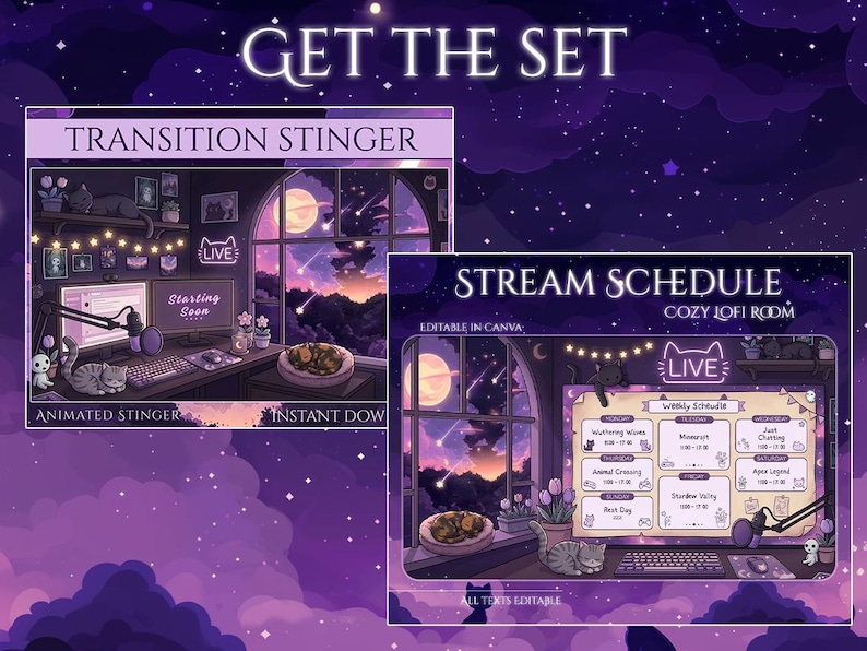 Lofi Cozy Room Twitch Overlay, Cat Stream Package, Starry Night Screens, Animated Overlay, Cute Aesthetic VTuber Setup image 12