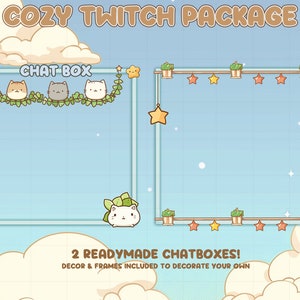 Op de afbeelding: Een digitaal kunstpakket voor Twitch-streamers. De afbeelding toont twee chatbox-frames met decoratieve elementen zoals sterren, planten en katachtige karakters. De tekst "COZY TWITCH PACKAGE" en "2 READYMADE CHATBOXES!" is zichtbaar.