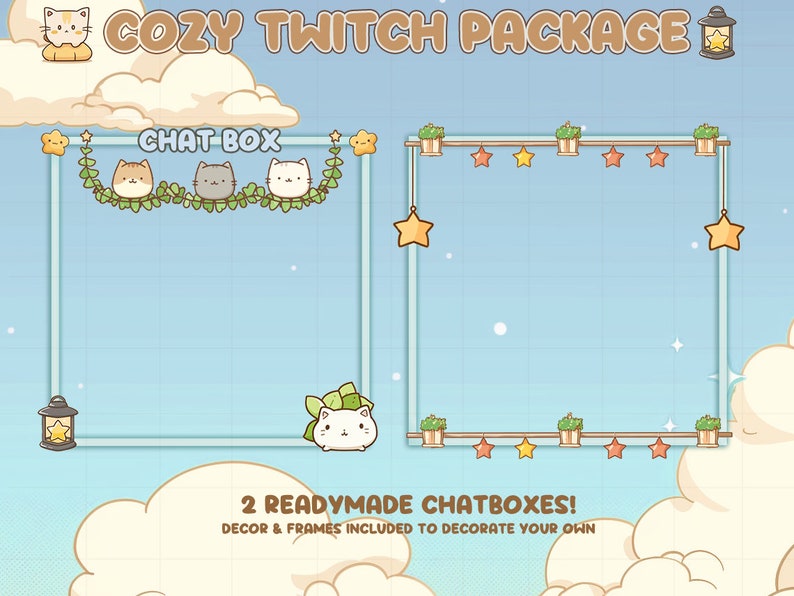 Op de afbeelding: Een digitaal kunstpakket voor Twitch-streamers. De afbeelding toont twee chatbox-frames met decoratieve elementen zoals sterren, planten en katachtige karakters. De tekst "COZY TWITCH PACKAGE" en "2 READYMADE CHATBOXES!" is zichtbaar.