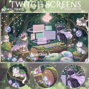 Puede incluir: Pantallas animadas de Twitch con un tema de bosque mágico. La imagen presenta gatos de dibujos animados con coronas y capas, rodeados de orbes brillantes, setas y el texto "Starting Soon". Las pantallas están diseñadas para streaming.