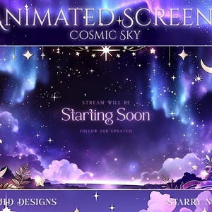 Pode incluir: Telas animadas com um design de céu cósmico. A imagem apresenta uma cena de noite estrelada com uma lua crescente, estrelas e nuvens. O texto inclui "Telas animadas", "Céu cósmico" e "Começando em breve".