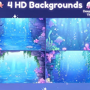 May include: Four HD backgrounds with a deep ocean theme. The illustrations feature underwater scenes with blue water, bubbles, and marine life. The backgrounds include cartoon jellyfish, coral, and aquatic plants.