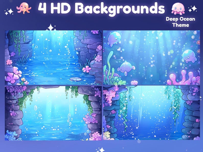 May include: Four HD backgrounds with a deep ocean theme. The illustrations feature underwater scenes with blue water, bubbles, and marine life. The backgrounds include cartoon jellyfish, coral, and aquatic plants.