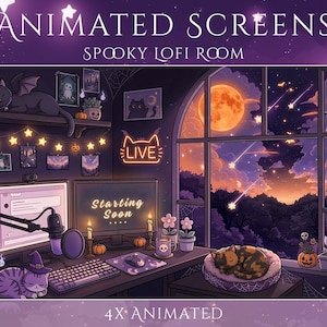 May include: A digital illustration of a spooky lofi room with the text ANIMATED SCREENS SPOOKY LOFI ROOM and 4X ANIMATED. The scene features a desk with two monitors displaying STARTING SOON, a keyboard, a mouse, a microphone, and sleeping cats.