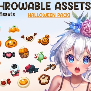 May include: A set of 2D Halloween themed assets for games or other digital projects. The assets include a variety of items such as candy, pumpkins, eyeballs, and a ghost. The text "THROWABLE ASSETS HALLOWEEN PACK!" is at the top of the image.