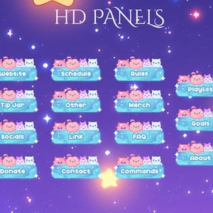 May include: A set of 15 colorful buttons with cartoon cats and clouds. The buttons are labeled with text such as "Website", "Schedule", "Rules", "Playlist", "Tip Jar", "Other", "Merch", "Goals", "Socials", "Link", "FAQ", "About", "Donate", "Contact", and "Commands".