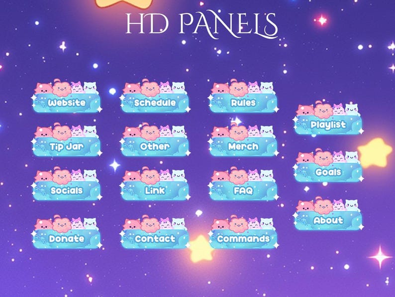 May include: A set of 15 colorful buttons with cartoon cats and clouds. The buttons are labeled with text such as "Website", "Schedule", "Rules", "Playlist", "Tip Jar", "Other", "Merch", "Goals", "Socials", "Link", "FAQ", "About", "Donate", "Contact", and "Commands".