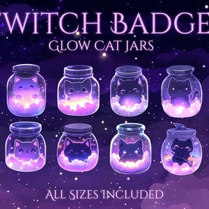 May include: Digital art featuring eight glass jars with cat designs. The jars are filled with glowing purple clouds and cats. The text "Twitch Badges Glow Cat Jars" and "All Sizes Included" are displayed in the image.