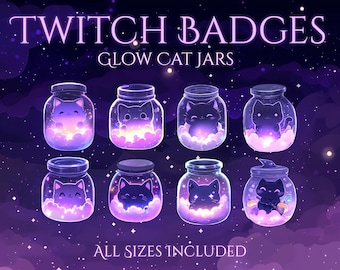 May include: Digital art featuring eight glass jars with cat designs. The jars are filled with glowing purple clouds and cats. The text "Twitch Badges Glow Cat Jars" and "All Sizes Included" are displayed in the image.