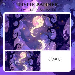 May include: An animated invitation banner with a night sky theme. The banner features a large pink moon with a flowing design, dark trees, and purple clouds. The text "INVITE BANNER" and "COMPLETELY ANIMATED" are at the top.