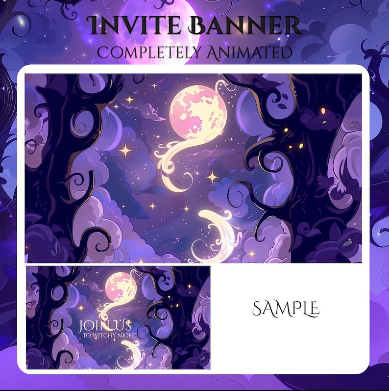 May include: An animated invitation banner with a night sky theme. The banner features a large pink moon with a flowing design, dark trees, and purple clouds. The text "INVITE BANNER" and "COMPLETELY ANIMATED" are at the top.