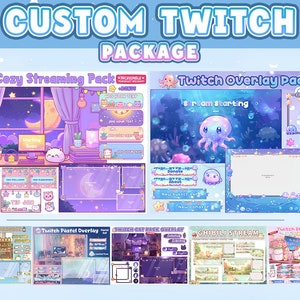 May include: A collection of custom Twitch overlay packs featuring various themes, including a cozy streaming pack with a cat and moon, a pastel overlay with a sunset, a cat overlay with a cat and stars, a Ghibli stream overlay with a forest scene, and a streaming pack with a pink and white room.
