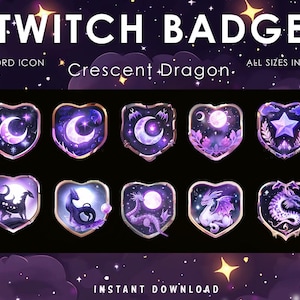 Puede incluir: Un conjunto de insignias de Twitch con temática celestial, con lunas crecientes, estrellas y dragones en tonos morados y dorados. El texto "Twitch Badge" y "Crescent Dragon" se muestran en la parte superior, con "Discord Icon" y "All Sizes Included" debajo.