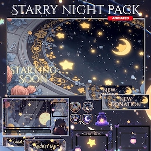 Könnte beinhalten: Ein digitales Kunstpaket mit dem Titel "Starry Night Pack" mit animierten Elementen. Das Design zeigt ein himmlisches Thema mit Sternen, Monden und floralen Akzenten. Enthält Overlays für Streaming, mit Text wie "Starting Soon", "New", "Donation", "Chat Box", "Games" und "About Me".
