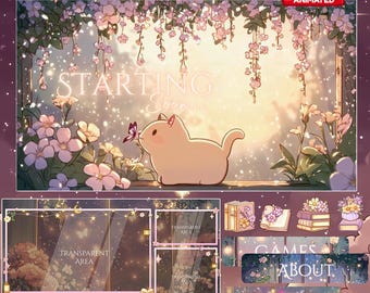 Cozy Cat Twitch Pack / Moon / Spring / Pastel / Cute / Overlay / Books / Dreamy / Twitch screen / Twitch Overlay / Fairy | Animated | Ghibli