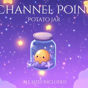 Könnte beinhalten: Eine Illustration eines Glasbehälters mit der Aufschrift "POTATO JAR", der eine lächelnde Kartoffel-Figur enthält. Der Behälter ist von lila Blumen umgeben und vor einem sternenübersäten, lila Hintergrund platziert. Der Text oben lautet "CHANNEL POINT", unten "ALL SIZES INCLUDED".
