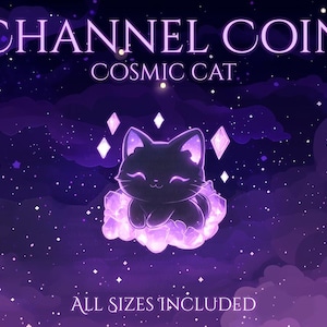 May include: A digital art image featuring a black cat with glowing purple accents, sitting on a bed of crystals. The text "CHANNEL COIN COSMIC CAT" is at the top, with "ALL SIZES INCLUDED" at the bottom. The background is a starry purple night sky.
