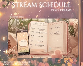 以下が含まれることがあります： 「STREAM SCHEDULE COZY DREAMS」のテキストが入ったストリームスケジュールが描かれたデジタルアートプリント。スケジュールは開いた本と、かわいい漫画のキャラクターが入ったスマートフォンに表示されています。