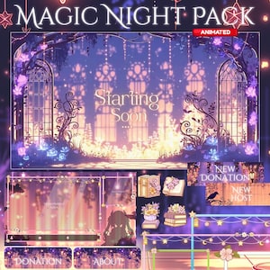 May include: A digital art pack labelled "Magic Night Pack" with an animated "Starting Soon" screen. The design features a fantasy theme with purple and gold colours, floral accents, and a transparent overlay area.