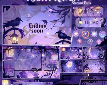 Black Raven Stream-pakket / Maan / Kraai / Paars / Boeken / Overlay / Vogel / Twitch-scherm / Twitch-overlay / Heks | Gezellig | Geanimeerd | Donker