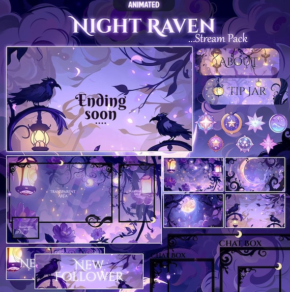 Black Raven Stream Package / Moon / Crow / Purple / Books / Overlay / Bird / Twitch screen / Twitch Overlay / Witch | Cozy | Animated | Dark