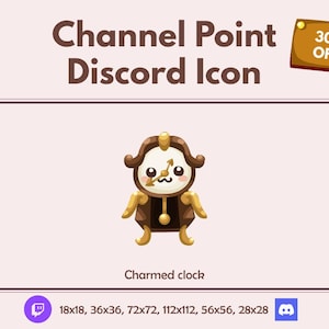 May include: A cartoon clock with a smiling face and gold accents. The clock is brown and white and has a gold pendulum. The text "Charmed clock" is below the clock. The text "18x18, 36x36, 72x72, 112x112, 56x56, 28x28" is below the text "Charmed clock".