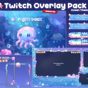 Peut inclure: Un pack de superposition Twitch sur le thème de l'océan. La superposition comprend une boîte de chat, un écran de retour, une alerte de nouveau donateur, une alerte de nouveau abonné, une section à propos, une section de liens et un écran avec une zone transparente pour une webcam. La superposition présente une pieuvre de dessin animé, des méduses et des étoiles.