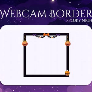 Puede incluir: Un borde de cámara web negro con un tema de noche de miedo. El borde está decorado con calabazas, murciélagos y una magdalena. El texto "Webcam Border" y "Spooky Night" se muestra en la parte superior del borde.