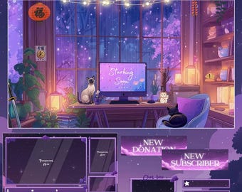Paket Cozy Cats Stream | Lila | Planeten | Animiertes Twitch Overlay Paket | Sterne | Rosa | Animierte Bildschirme | Benachrichtigungen | Sternenklar