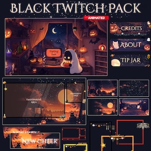 May include: A digital art pack for Twitch streamers, featuring a Halloween theme. The design includes animated overlays, panels, and a scene with a ghost character, pumpkins, and a computer. Text includes "Black Twitch Pack", "Animated", "Credits", "About", "Tip Jar", "New Cheer", and "Chat Box".
