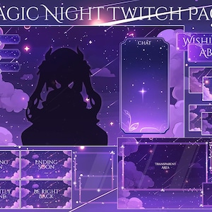 Magiczna nakładka Twitch Night, ekran Twitch | Pakiet strumieniowy nakładki animowanej, Gwiaździste niebo | Słodka nakładka Twitch | Fioletowy | Pakiet Vtuber