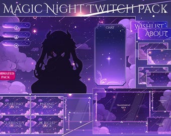 May include: A purple and pink animated Twitch overlay pack with a starry night sky background. The pack includes a chat box, a wishlist, an about section, starting soon, ending soon, currently offline, be right back, and a transparent area.