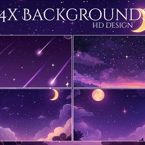 May include: Four digital backgrounds featuring a night sky theme. The images showcase a purple and blue color palette with stars, clouds, and celestial bodies like the moon and shooting stars. The text "4X BACKGROUNDS HD DESIGN" is at the top.