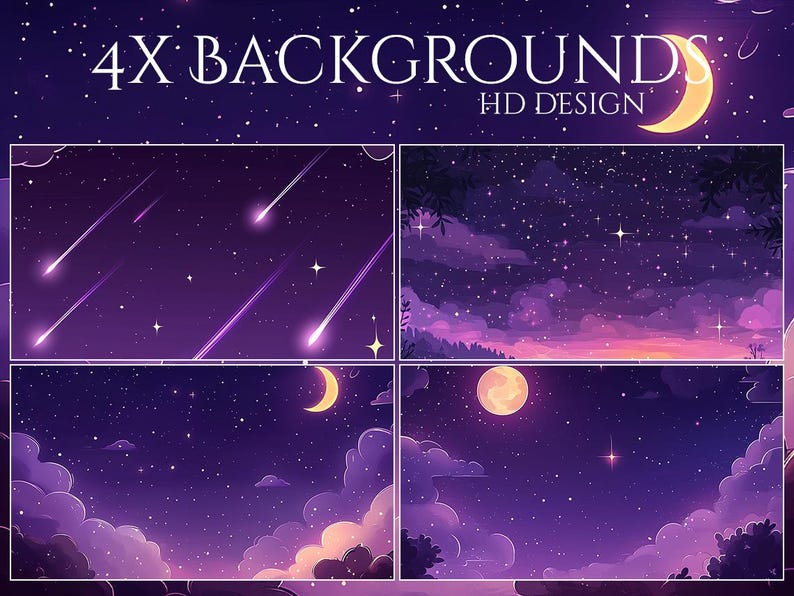 May include: Four digital backgrounds featuring a night sky theme. The images showcase a purple and blue color palette with stars, clouds, and celestial bodies like the moon and shooting stars. The text "4X BACKGROUNDS HD DESIGN" is at the top.