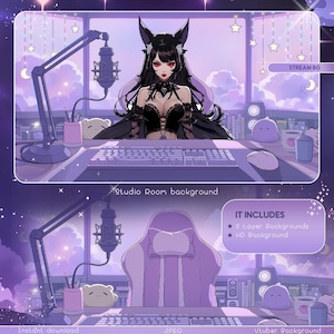 Fondo de habitación para VTuber, tema de estudio de zorro morado para dormitorio, habitación en tonos pastel, superposición acogedora para transmisión, fondo de 2 capas, estático, linda configuración de transmisión.