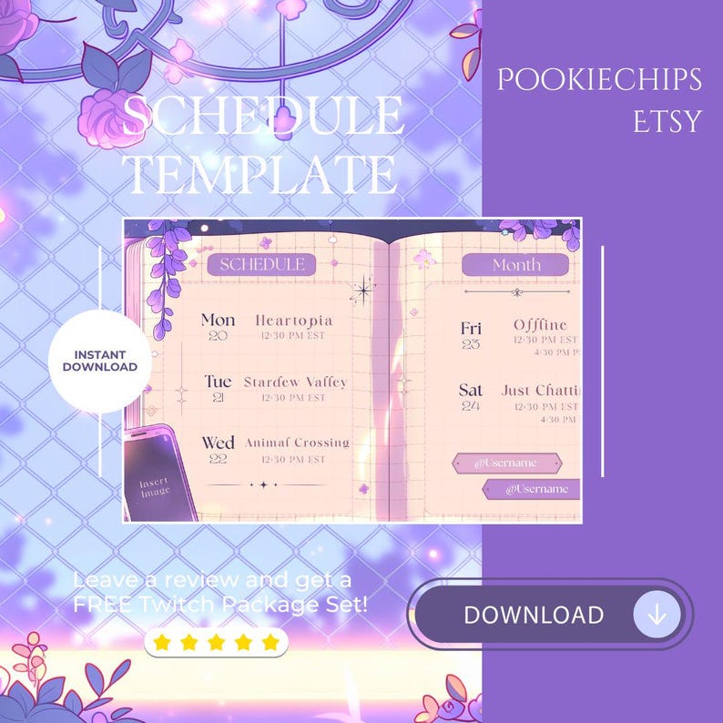 Puede incluir: Una plantilla de programaci&oacute;n digital en tonos morados y blancos. La plantilla est&aacute; dise&ntilde;ada para programar actividades, con texto como "Heartopia", "Stardew Valley" y "Animal Crossing". Las palabras "Schedule Template" est&aacute;n en la parte superior.
