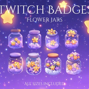 Puede incluir: Ilustración digital de ocho frascos de vidrio llenos de flores sobre un fondo púrpura estrellado. El texto dice "Twitch Badges Flower Jars" y "All Sizes Included". Cada frasco tiene un diseño floral único.