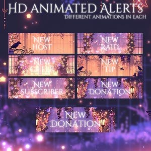 Puede incluir: Alertas animadas para streaming, con dise&ntilde;os florales y arquitect&oacute;nicos. El texto incluye "HD Animated Alerts" y varios tipos de alertas: "New Host", "New Cheer", "New Subscriber", "New Raid", "New Tip" y "New Donation". La paleta de colores incluye tonos de morado, naranja y blanco.