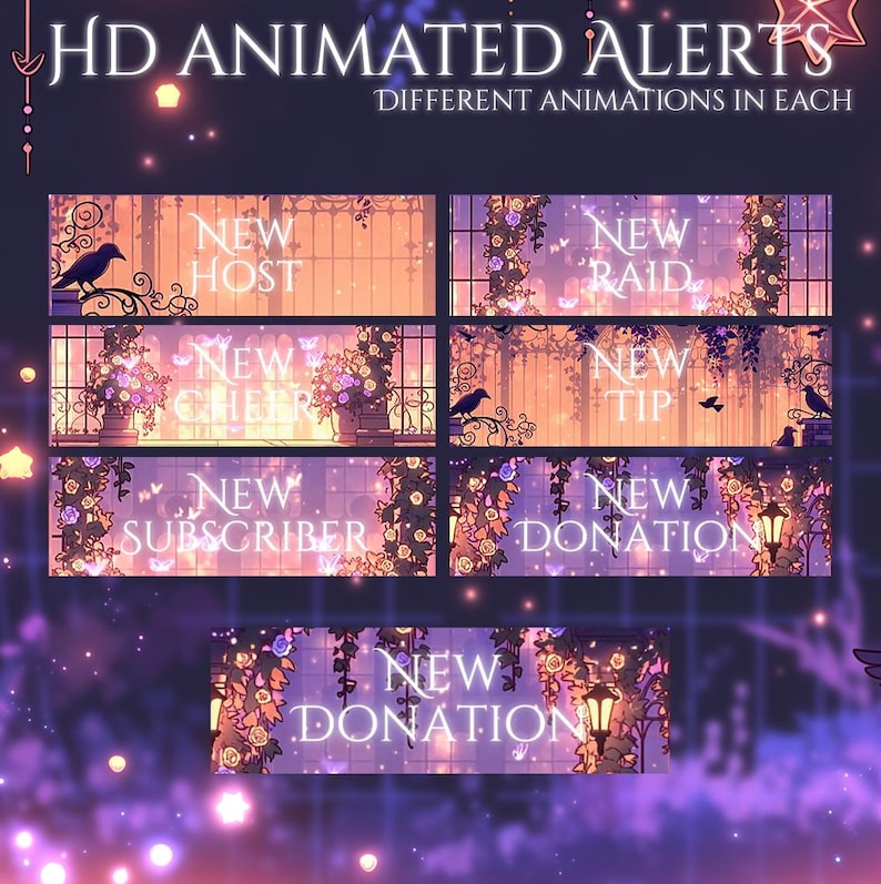 Puede incluir: Alertas animadas para streaming, con dise&ntilde;os florales y arquitect&oacute;nicos. El texto incluye "HD Animated Alerts" y varios tipos de alertas: "New Host", "New Cheer", "New Subscriber", "New Raid", "New Tip" y "New Donation". La paleta de colores incluye tonos de morado, naranja y blanco.