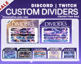 May include: A set of 5 digital dividers for Discord and Twitch featuring a starry night sky theme with clouds, moons, and stars. The dividers are available in packs of 10 and 22.
