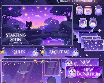 Black Cat Magic Night Twitch Overlay | Animated Overlay Stream Package, Cat Twitch | Cute Twitch Overlay | Animated Screen | star overlay