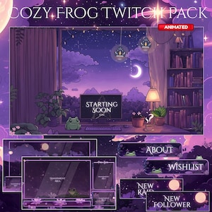 May include: A digital art pack with a cozy theme, featuring a frog and a night sky. The main image shows a desktop setup with a monitor displaying "Starting Soon." Additional graphics include overlay elements for Twitch streams, such as "About" and "Wishlist."