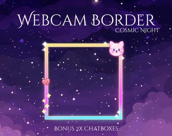 May include: A purple and pink cosmic night themed webcam border with a glowing rainbow frame. The frame has a pink cat and heart icon. The text "WEB CAM BORDER COSMIC NIGHT" is at the top and "BONUS 2X CHATBOXES" is at the bottom.