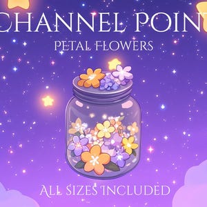 Peut inclure: Un bocal en verre rempli de pétales de fleurs colorées sur un fond de nuit étoilée violette. Le bocal a un couvercle blanc et le texte "CHANNEL POINT PETAL FLOWERS" est en haut de l'image. Le texte "ALL SIZES INCLUDED" est en bas de l'image.