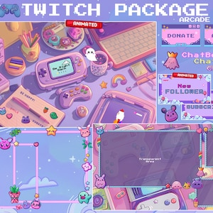 Animiertes Arcade Twitch Pack | Lofi Pixel Kunst | Lila, kuscheliges Gaming Overlay | Niedliche Stream-Schirme | Twitch Animiertes Overlay Bundle