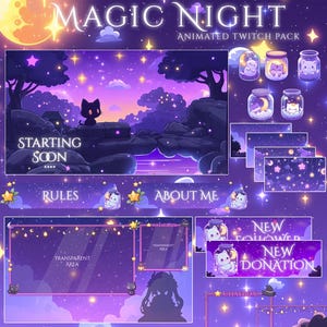 Puede incluir: Un paquete de arte digital con un tema de cielo nocturno púrpura y azul. El paquete incluye superposiciones animadas de Twitch, paneles y diseños de frascos con ilustraciones de gatos y lunas. El texto incluye "MAGIC NIGHT" y "STARTING SOON".